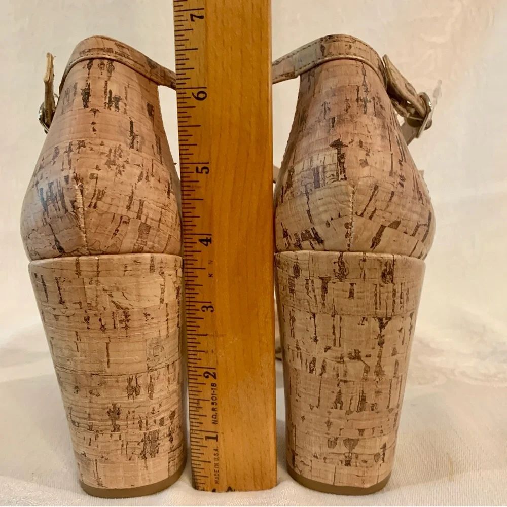 Sexy Ankle Strap 3.75” High Block Heel Open Toe Sandals Faux Cork Design Size 8 - Picture 8 of 15